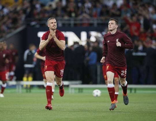 Jordan Henderson of Liverpool runs out for warm up during the UEFA Champions League Final match at the NSK Olimpiyskiy Stadium, Kiev. Picture date 26th May 2018. Picture credit should read: David Klein Sportimage EDITORIAL USE ONLY. No use with unauthorised audio, video, data, fixture lists, club league logos or live services. Online in-match use limited to 120 images, no video emulation. No use in betting, games or single club league player publications.