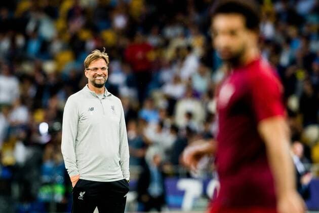 180526 Jürgen Klopp, head coach of Liverpool, and Mohamed Salah of Liverpool during warm-up ahead of the UEFA Champions League final between Real Madrid and Liverpool on May 26, 2018 in Kyiv. Photo: Vegard Wivestad Grott BILDBYRAN kod VG 170178 Copyright: VEGARDxWIVESTADxGRoTT BB180526BB813