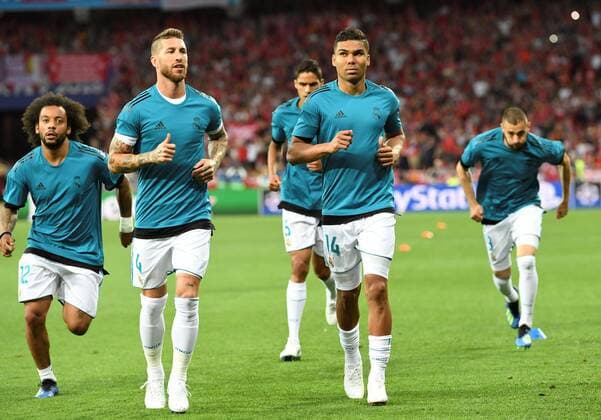 Real Madrid s Marcelo (L), Sergio Ramos (2-L), Casemiro (2-d), Karim Benzema during warming up time before the UEFA Champions League final between Real Madrid and Liverpool FC at the NSC Olimpiyskiy stadium in Kiev, Ukraine, 26 May 2018. UCL Final 2018 - Real Madrid vs Liverpool FC !ACHTUNG: NUR REDAKTIONELLE NUTZUNG!  Copyright: xMykolaxTysx RML01 20180526-636629634905287211