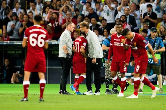Fußball, CL Finale, Real Madrid - FC Liverpool 180526 Mohamed Salah of Liverpool and Jürgen Klopp, head coach of Liverpool, during the UEFA Champions League final between Real Madrid and Liverpool on May 26, 2018 in Kyiv. Photo: Vegard Wivestad Gr¿tt BILDBYRN kod VG 170178 Copyright: VEGARDxWIVESTADxGR¯TT BB180526ZB007
