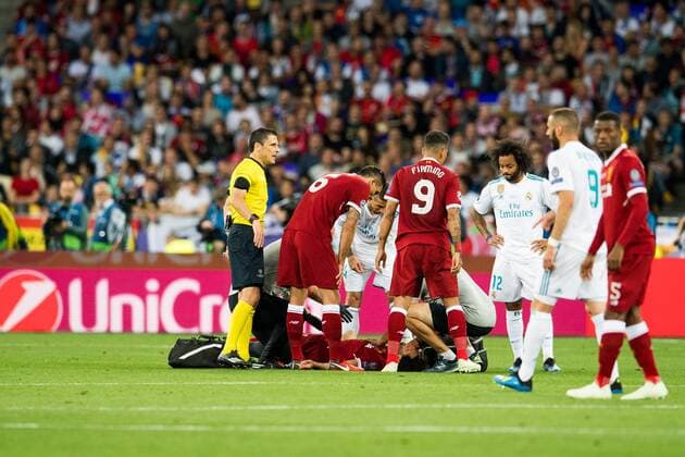 Fußball, CL Finale, Real Madrid - FC Liverpool 180526 Mohamed Salah of Liverpool with an injury during the UEFA Champions League final between Real Madrid and Liverpool on May 26, 2018 in Kyiv. Photo: Vegard Wivestad Grott BILDBYRAN kod VG 170178 Copyright: VEGARDxWIVESTADxGRoTT BB180526ZH003