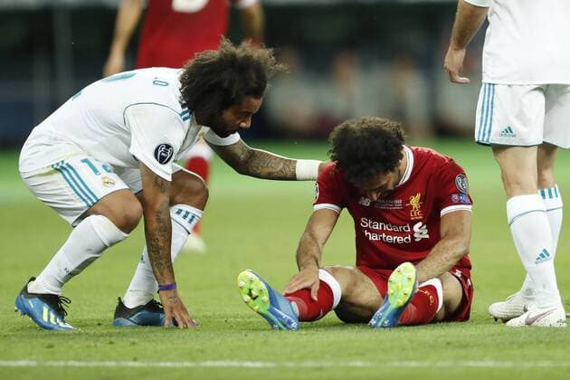 Fußball, CL Finale, Real Madrid - FC Liverpool (L-R) Marcelo of Real Madrid, Mohamed Salah of Liverpool FC during the UEFA Champions League final between Real Madrid and Liverpool on May 26, 2018 at NSC Olimpiyskiy Stadium in Kyiv, Ukraine UEFA Champions League 2017 2018 xVIxVIxImagesx xMauricexvanxSteenxIVx 11042539