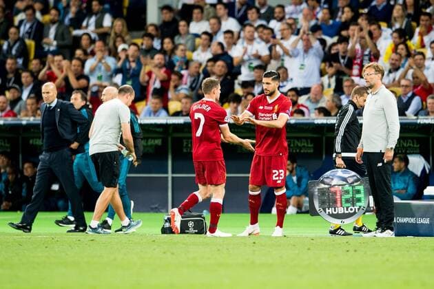 Fußball, CL Finale, Real Madrid - FC Liverpool 180526 James Milner and Emre Can of Liverpool during the UEFA Champions League final between Real Madrid and Liverpool on May 26, 2018 in Kyiv. Photo: Vegard Wivestad Grott BILDBYRAN kod VG 170178 Copyright: VEGARDxWIVESTADxGRoTT BB180526ZT027