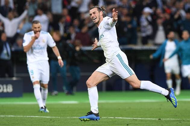 Fußball Champions League Finale Real Madrid - FC Liverpool am 26.05.2018 im Olympiastadion in Kiew Torjubel zum 3:1 durch Gareth Bale ( Madrid )