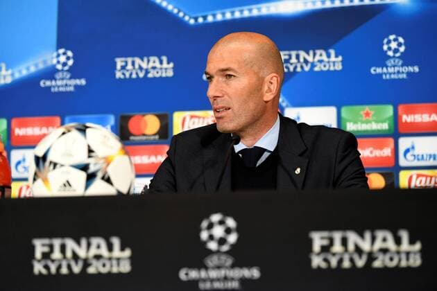 Real Madrid coach Zinedine Zidane delivers statements to the press after his team won the UEFA Champions League final game between Real Madrid and Liverpool FC at the NSC Olimpiyskiy stadium in Kiev, Ukraine, 26 May 2018. UCL Final 2018 - Real Madrid vs Liverpool FC !ACHTUNG: NUR REDAKTIONELLE NUTZUNG!  Copyright: xMykolaxTysx RML01 20180527-636629781617394661