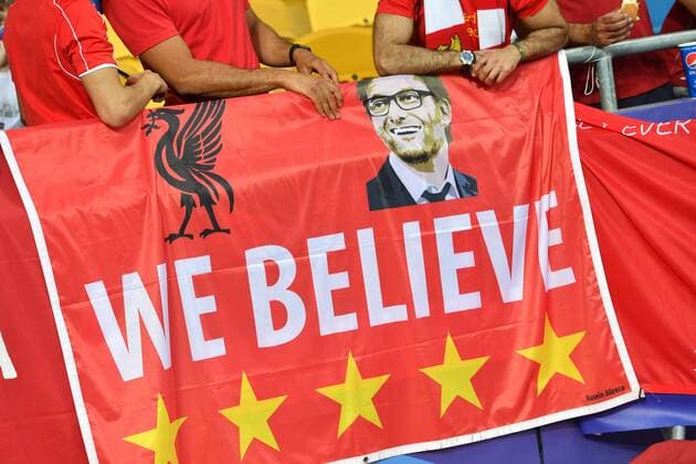 Fans,Fussballfans Liverpool mit Juergen KLOPP (Trainer Liverpool) Banner,Transparent, Fussball Champions League Finale 2018 Real Madrid-FC Liverpool 3-1, Saison2017 18, am 26.05.2018, Stadion NSK Olimpiyskyi
