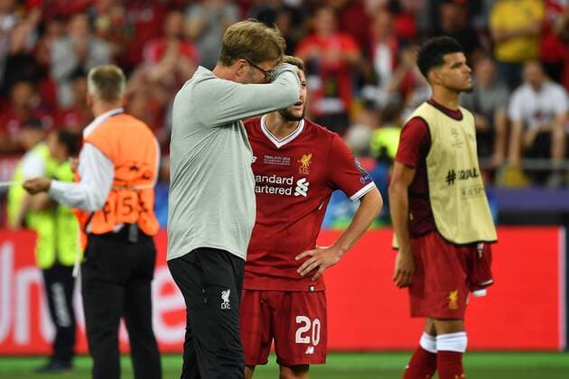 Juergen KLOPP (Trainer Liverpool) Enttaeuschung,Frust,enttaeuscht, frustriert,niedergeschlagen nach Spielende mit Adam LALLANA (Liverpool), Fussball Champions League Finale 2018 Real Madrid-FC Liverpool 3-1, Saison2017 18, am 26.05.2018, Stadion NSK Olimpiyskyi