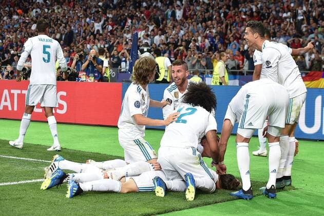 Fußball Champions League Finale Real Madrid - FC Liverpool am 26.05.2018 im Olympiastadion in Kiew Torjubel zum 2:1 durch Gareth Bale ( Madrid )