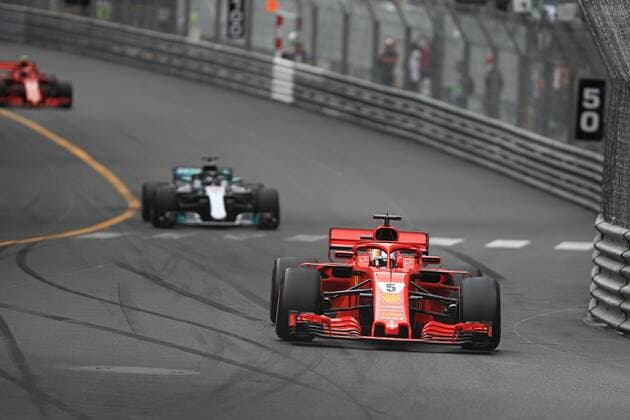 27th May 2018, Circuit de Monaco, Monaco, Monte Carlo; Monaco Formula 1 Grand Prix, race day; Scuderia Ferrari; Sebastian Vettel closely chased by Lewis Hamilton in 3rd  ActionPlus12029698 Octane
