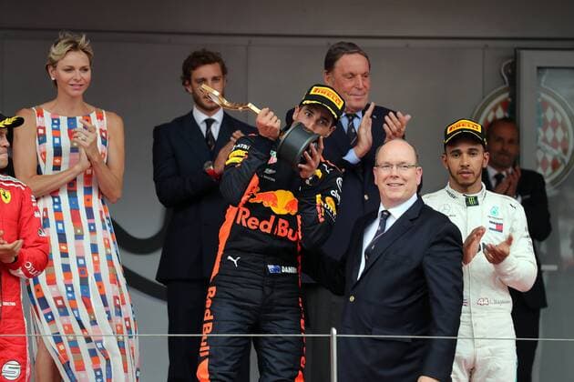 Photo4 LaPresse 27 05 2018 Monte Carlo, Monaco Grand Prix Formula One Monaco 2018 In the pic: Daniel Ricciardo (AUS) Red Bull Racing RB14 and Charlene of Monaco and Alberto of Monaco  Copyright: xPhoto4 LaPressex