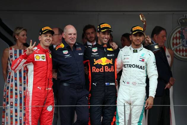 Photo4 LaPresse 27 05 2018 Monte Carlo, Monaco Grand Prix Formula One Monaco 2018 In the pic: podium: 1st position Daniel Ricciardo (AUS) Red Bull Racing RB14 2nd position Sebastian Vettel (GER) Scuderia Ferrari SF71H 3rd position Lewis Hamilton (GBR) Mercedes AMG F1 W09 and Adrian Newey (GBR), Red Bull Racing , Technical Operations Director  Copyright: xPhoto4 LaPressex