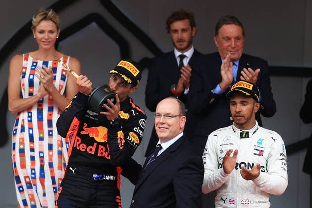 27th May 2018, Circuit de Monaco, Monaco, Monte Carlo; Monaco Formula 1 Grand Prix, race day; Aston Martin Red Bull Racing TAG Heuer, Daniel Ricciardo comes first in Monaco and is presented with the trophy by Albert II, Prince of Monaco  ActionPlus12029747 Octane