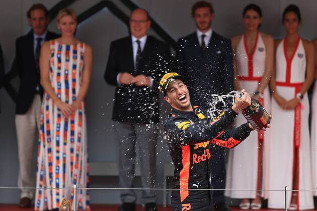 27th May 2018, Circuit de Monaco, Monaco, Monte Carlo; Monaco Formula 1 Grand Prix, race day; Aston Martin Red Bull Racing TAG Heuer, Daniel Ricciardo comes first in Monaco and celebrates with champagne  ActionPlus12029774 Octane