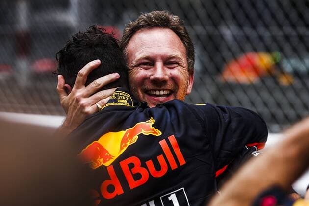 May 27, 2018 - Montecarlo, Monaco - 03 Daniel Ricciardo from Australia with Aston Martin Red Bull Tag Heuer RB14 celebrating his victory with Christian Horner the Team Principal of Red Bull Racing portrait during the Race of Monaco Formula One Grand Prix at Monaco on 27th of May, 2018 in Montecarlo, Monaco. F1 Grand Prix of Monaco  - ZUMAn230 20180527_zaa_n230_644 Copyright: xXavierxBonillax