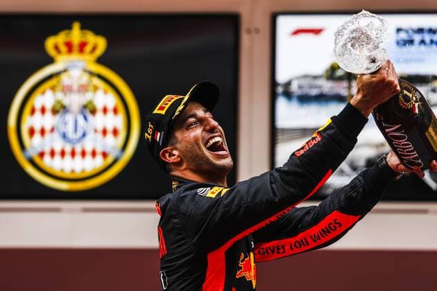 May 27, 2018 - Montecarlo, Monaco - 03 Daniel Ricciardo from Australia with Aston Martin Red Bull Tag Heuer RB14 celebrating his victory with the champagne at the podium portrait during the Race of Monaco Formula One Grand Prix at Monaco on 27th of May, 2018 in Montecarlo, Monaco. F1 Grand Prix of Monaco  - ZUMAn230 20180527_zaa_n230_645 Copyright: xXavierxBonillax