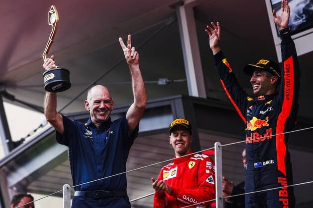 May 27, 2018 - Montecarlo, Monaco - Adrian Newey Chief Engineering Officer Red Bull Racing celebrating the victory at the podium with the trophy with 03 Daniel Ricciardo from Australia with Aston Martin Red Bull Tag Heuer RB14 portrait during the Race of Monaco Formula One Grand Prix at Monaco on 27th of May, 2018 in Montecarlo, Monaco. F1 Grand Prix of Monaco  - ZUMAn230 20180527_zaa_n230_648 Copyright: xXavierxBonillax