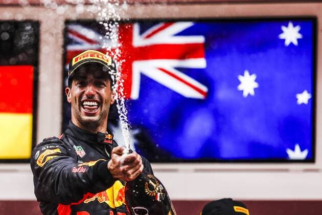 May 27, 2018 - Montecarlo, Monaco - 03 Daniel Ricciardo from Australia with Aston Martin Red Bull Tag Heuer RB14 celebrating his victory with the champagne at the podium portrait during the Race of Monaco Formula One Grand Prix at Monaco on 27th of May, 2018 in Montecarlo, Monaco. F1 Grand Prix of Monaco  - ZUMAn230 20180527_zaa_n230_653 Copyright: xXavierxBonillax