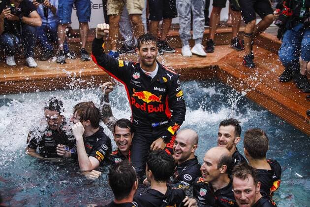 May 27, 2018 - Montecarlo, Monaco - 03 Daniel Ricciardo from Australia with Aston Martin Red Bull Tag Heuer RB14 celebrating his victory with the team at the swimming pool during the Race of Monaco Formula One Grand Prix at Monaco on 27th of May, 2018 in Montecarlo, Monaco. F1 Grand Prix of Monaco  - ZUMAn230 20180527_zaa_n230_910 Copyright: xXavierxBonillax
