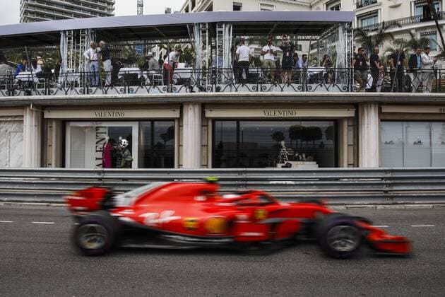 May 27, 2018 - Montecarlo, Monaco - 07 Kimi Raikkonen from Finland Scuderia Ferrari SF71H in front of Valentino shops during the Race of Monaco Formula One Grand Prix at Monaco on 27th of May, 2018 in Montecarlo, Monaco. F1 Grand Prix of Monaco  - ZUMAn230 20180527_zaa_n230_911 Copyright: xXavierxBonillax