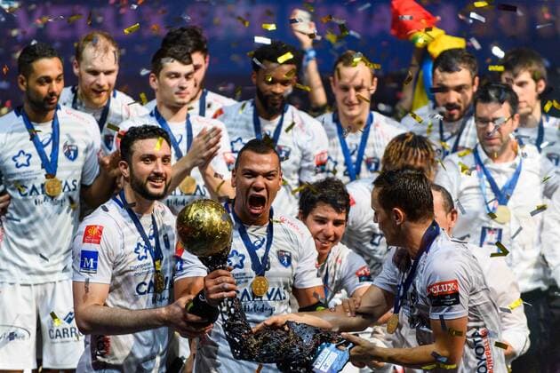 Handball, Montpellier HB gewinnt Champions League 2018.05.27 Kolonia Pilka reczna Velux EHF FINAL4 Champions League Liga Mistrzow final Montpellier wygrywa HBC Nantes - Montpellier HB N Z puchar radosc wygrana dekoracja Montpellier Foto Pawel Andrachiewicz PressFocus 2018.05.27 Cologne Handball Velux EHF FINAL4 Champions League final HBC Nantes - Montpellier HB puchar radosc wygrana dekoracja Montpellier Photo Pawel Andrachiewicz PressFocus NEWSPIX.PL --- Newspix.pl FRANCE OUT!  20180527_PF_PA190