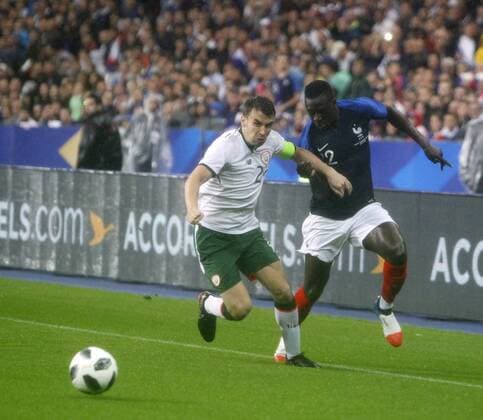 28th May 2018, Stade de France, Paris, France; International football friendly, France versus Republic of Ireland; Benjamin Mendy (France) looks for a way past Seamus Coleman (Republic of Ireland)  ActionPlus12030387 AshleyxCahill