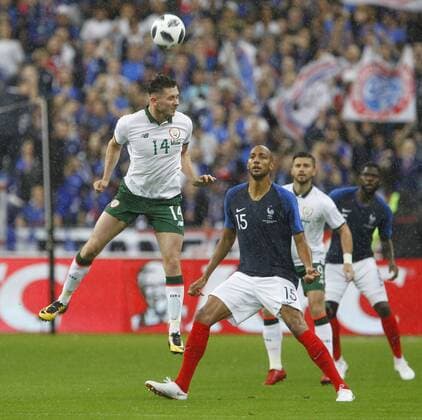 28th May 2018, Stade de France, Paris, France; International football friendly, France versus Republic of Ireland; Alan Browne (Republic of Ireland) heads the ball as Steven Nzonzi (France) challenges  ActionPlus12030392 AshleyxCahill