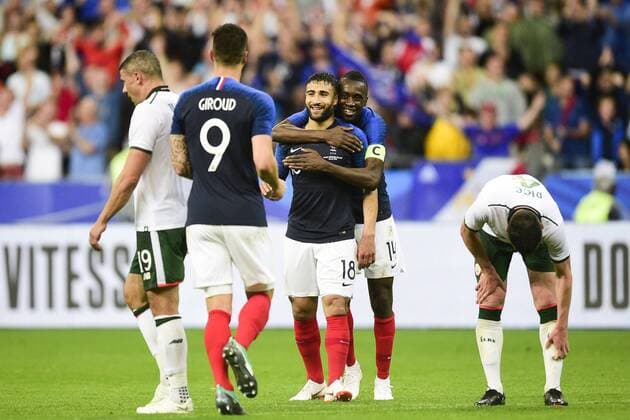joie des joueurs de l equipe de France apres le but de Nabil Fekir (Fra) FOOTBALL : echauffement - France vs Eire - Match Amical - 28 05 2018 JBAutissier Panoramic 
