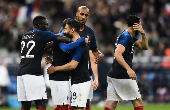 Joie des joueurs de l equipe de France - Olivier Giroud ( France ) - Nabil Fekir ( France ) - Benjamin Mendy ( France ) FOOTBALL : France vs Irlande - Match Amical - Saint Denis - 28 05 2018 FedericoPestellini Panoramic 