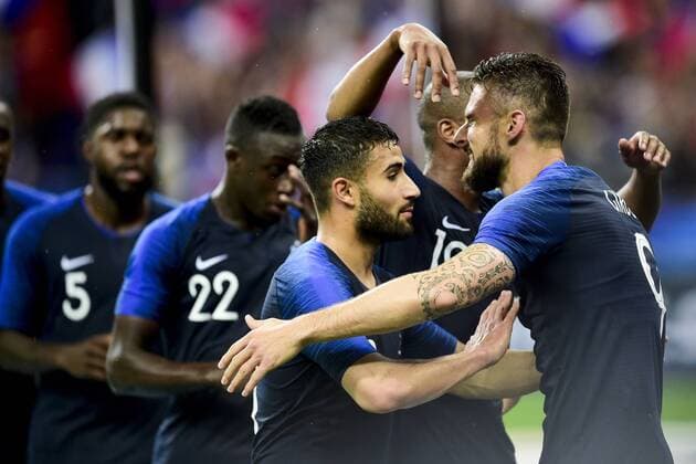 joie des joueurs de l equipe de France apres le but d Olivier Giroud (Fra) FOOTBALL : echauffement - France vs Eire - Match Amical - 28 05 2018 JBAutissier Panoramic 