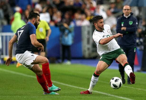 International Friendly Länderspiel Stade de France, Paris, France 28 5 2018 France vs Republic of Ireland Ireland™s Shane Long with Adil Rami of France Shane Long with Adil Rami 28 5 2018  Copyright: x©INPHO RyanxByrnex RB3_6876