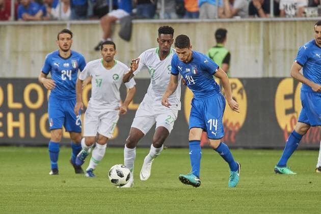 Football International Friendly Länderspiel match Italy vs. Saudi Arabia. St. Gallen, Switzerland St. Gallen, Switzerland. 28th May 2018. Mohamed Kanno and Jorge Luiz Jorginho during the football World Cup 2018 preparation match Italy vs. Saudi Arabia in St. Gallen. The national team Nationalteam from Saudi Arabia is using the game to prepare for the 2018 FIFA World Cup WM Weltmeisterschaft Fussball final tournament in Russia while Italy did not qualify for the World Cup finals.