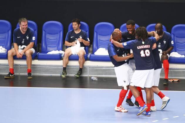 Joie Sylvain Wiltord Frederic Piquionne et Christian Karembeu FOOTBALL : France 98 vs Academie United - 10ans Academie Bernard Diomede - 29 05 2018 GwendolineLeGoff Panoramic 
