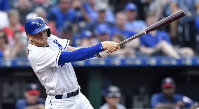 May 29, 2018 - Kansas City, MO, USA - The Kansas City Royals Hunter Dozier follows through on a double in the second inning against the Minnesota Twins on Tuesday, May 29, 2018, at Kauffman Stadium in Kansas City, Mo. Minnesota at Kansas City - ZUMAm67_ 20180529_zaf_m67_043 Copyright: xJohnxSleezerx