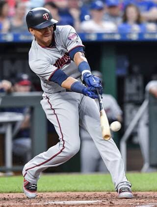 May 29, 2018 - Kansas City, MO, USA - The Minnesota Twins Ehire Adrianza connects on a single in the third inning against the Kansas City Royals on Tuesday, May 29, 2018, at Kauffman Stadium in Kansas City, Mo. Minnesota at Kansas City - ZUMAm67_ 20180529_zaf_m67_045 Copyright: xJohnxSleezerx