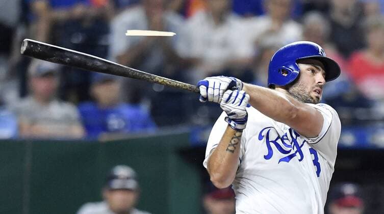 May 29, 2018 - Kansas City, MO, USA - The Kansas City Royals Mike Moustakas follows through on a broken bat single in the eighth inning against the Minnesota Twins on Tuesday, May 29, 2018, at Kauffman Stadium in Kansas City, Mo. Minnesota at Kansas City - ZUMAm67_ 20180529_zaf_m67_049 Copyright: xJohnxSleezerx