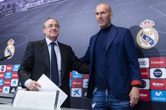 Themen der Woche - SPORT KW22 Bilder des Tages - SPORT Real Madrid president Florentino Perez and coach Zinedine Zidane during press conference PK Pressekonferenz to announce he leave the Real Madrid in Madrid, Spain. May 31, 2018.  (20180531023)