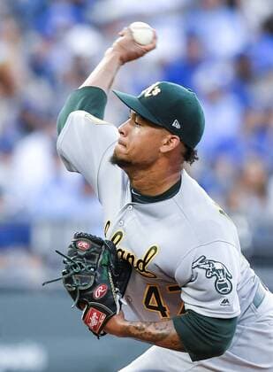 June 1, 2018 - Kansas City, MO, USA - Oakland Athletics starting pitcher Frankie Montas throws in the second inning against the Kansas City Royals on Friday, June 1, 2018, at Kauffman Stadium in Kansas City, Mo. Oakland at Kansas City - ZUMAm67_ 20180601_zaf_m67_005 Copyright: xJohnxSleezerx