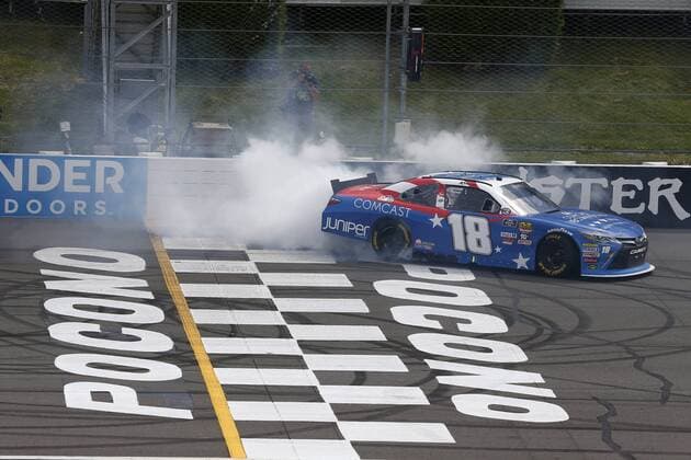 June 2, 2018 - Long Pond, Pennsylvania, United States of America - Kyle Busch (18) does a burnout after winning the Pocono Green 250 at Pocono Raceway in Long Pond, Pennsylvania. NASCAR Motorsport USA 2018: Xfinity Series Pocono Green 250 June 02 - ZUMAa161 20180602_zaa_a161_264 Copyright: xJustinxR.xNoexAspxIncx