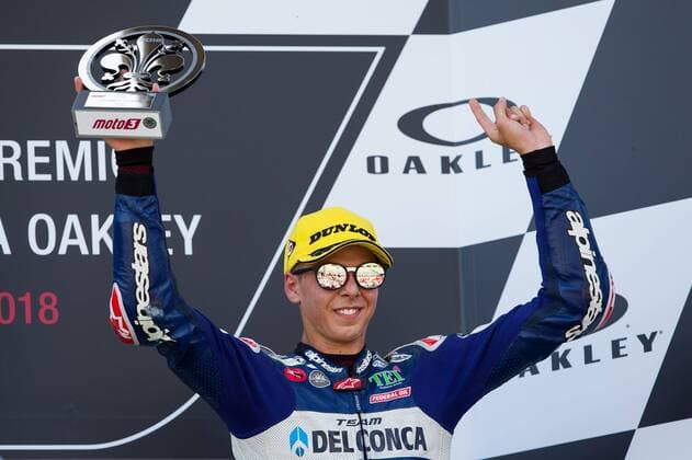 June 3, 2018 - Mugello, FI, Italy - Fabio Di Giannantonio of Del Conca Gresini celebrate the third place of the Moto 3 Oakley Grand Prix of Italy, at International Circuit of Mugello, on May 31, 2018 in Mugello, Italy MotoGp Of Italy - Moto 3 Podium  - ZUMAn230 20180603_zaa_n230_523 Copyright: xDaniloxDixGiovannix