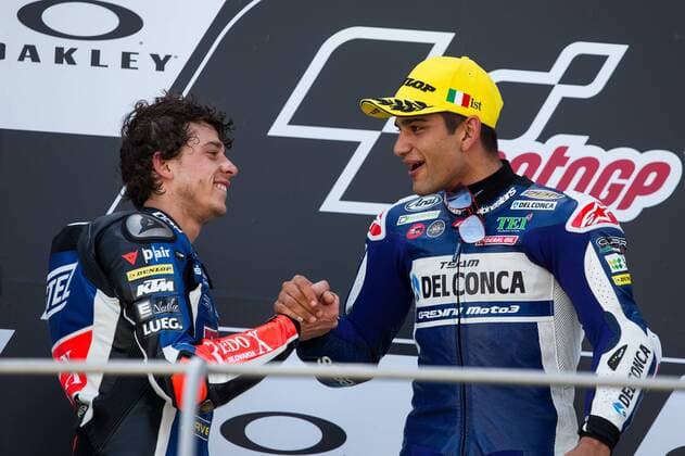 June 3, 2018 - Mugello, FI, Italy - Jorge Martn of Del Conca Gresini congratulate with Marco Bezzecchi of PruestlGP on the podium of the Moto 3 Oakley Grand Prix of Italy, at International Circuit of Mugello, on May 31, 2018 in Mugello, Italy MotoGp Of Italy - Moto 3 Podium  - ZUMAn230 20180603_zaa_n230_525 Copyright: xDaniloxDixGiovannix