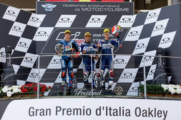 June 3, 2018 - Mugello, FI, Italy - Jorge Martn of Del Conca Gresini, Marco Bezzecchi of PruestlGP and Fabio Di Giannantonio of Del Conca Gresini composte the podium of the Moto 3 Oakley Grand Prix of Italy, at International Circuit of Mugello, on May 31, 2018 in Mugello, Italy MotoGp Of Italy - Moto 3 Podium  - ZUMAn230 20180603_zaa_n230_530 Copyright: xDaniloxDixGiovannix