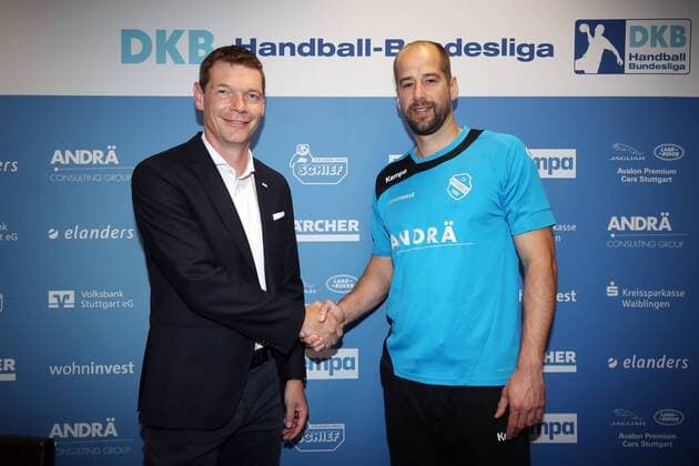 TVB Stuttgart Pressekonferenz Deutschland, Stuttgart, 03.06.2018, Handball, DKB Bundesliga, Saison 2017 2018, TVB Stuttgart Pressekonferenz: v.l. Christian May (Sprecher der Gesellschafter), Jürgen Schweikhardt (alter und neuer Trainer).