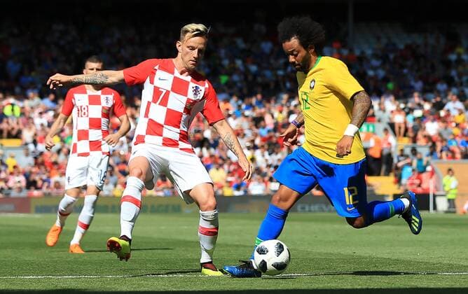 3rd June 2018, Anfield, Liverpool, England; International Football friendly, Brazil versus Croatia; Marcelo of Brazil takes on Ivan Rakatic of Croatia  ActionPlus12032335 DavidxBlunsden