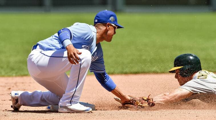 June 3, 2018 - Kansas City, MO, USA - Oakland Athletics Matt Chapman is tagged out by Kansas City Royals second baseman Ryan Goins trying to steal second in the sixth inning on Sunday, June 3, 2018, at Kauffman Stadium in Kansas City, Mo. Oakland Athletics vs. Kansas City Royals - ZUMAm67_ 20180603_zaf_m67_023 Copyright: xJohnxSleezerx