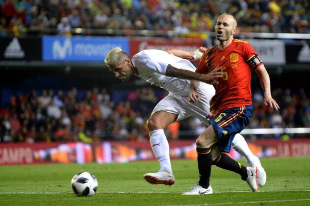 Valon Behrami (Udinese Calcio) Andres Iniesta FC Barcelona Barca during a International Friendly Länderspiel match between Spain against Switzerland in La Ceramica Stadium, Villarreal, Spain, on 03 June of 2018.
