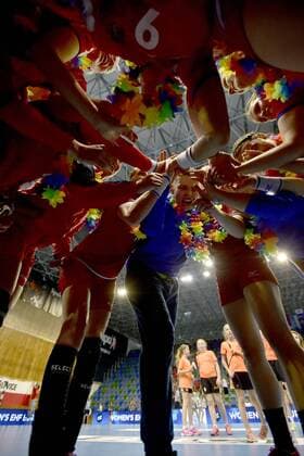 Czech national women s handball team celebrates a victory after the game Czech Republic vs. Slovenia in Group 5 of the women s European handball championship in Most, Czech Republic, June 3, 2018. (CTKxPhoto OndrejxHajek) CTKPhotoP201806030537001  HAJ 04