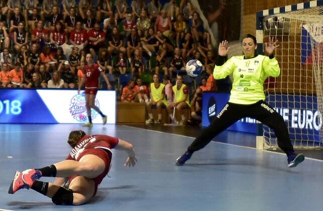 From left Czech Petra Adamkova and Slovenian Branka Zec in action during the final game Czech Republic vs. Slovenia in Group 5 of the women s European handball championship in Most, Czech Republic, June 3, 2018. (CTKxPhoto OndrejxHajek) CTKPhotoP201806030542301  HAJ 06