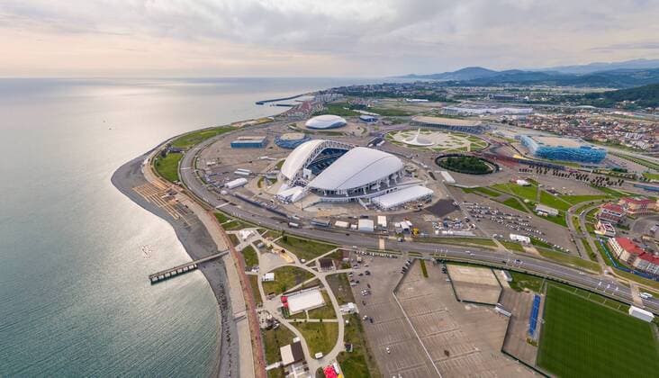 WM 2018 Sportstätte, Olympiastadion Sotschi, Sotschi Aerial image of Fisht Stadium, Sochi, Russia. AirPanoxLLC 