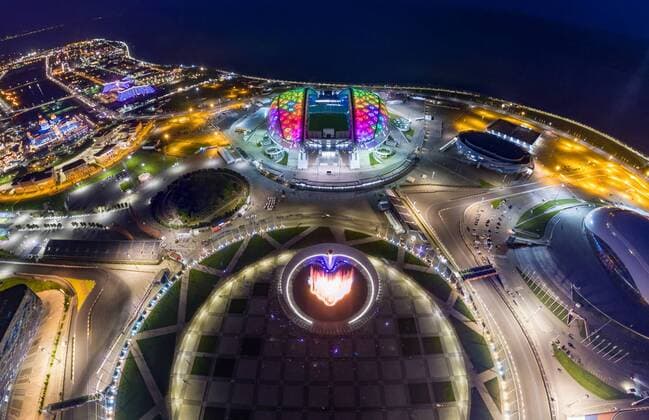 WM 2018 Sportstätte, Olympiastadion Sotschi, Sotschi Aerial image of Fisht Stadium, Sochi, Russia. AirPanoxLLC 