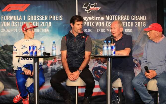 FORMULA 1 - Marc Marquez SPIELBERG,AUSTRIA,05.JUN.18 - MOTORSPORTS, FORMULA 1 - Red Bull Ring, Marc Marquez, press conference PK Pressekonferenz Image shows Marc Marquez (ESP), Mark Webber (AUS), motorsport consultant Helmut Marko (Red Bull Racing) and Niki Lauda. GEPAxpictures xMarioxBuehner